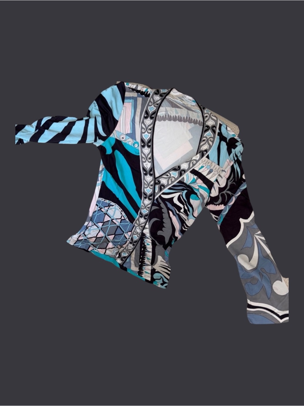 Emilio Pucci Multicolor Abstract V-Neck Top in Teal, Black & Light Blue